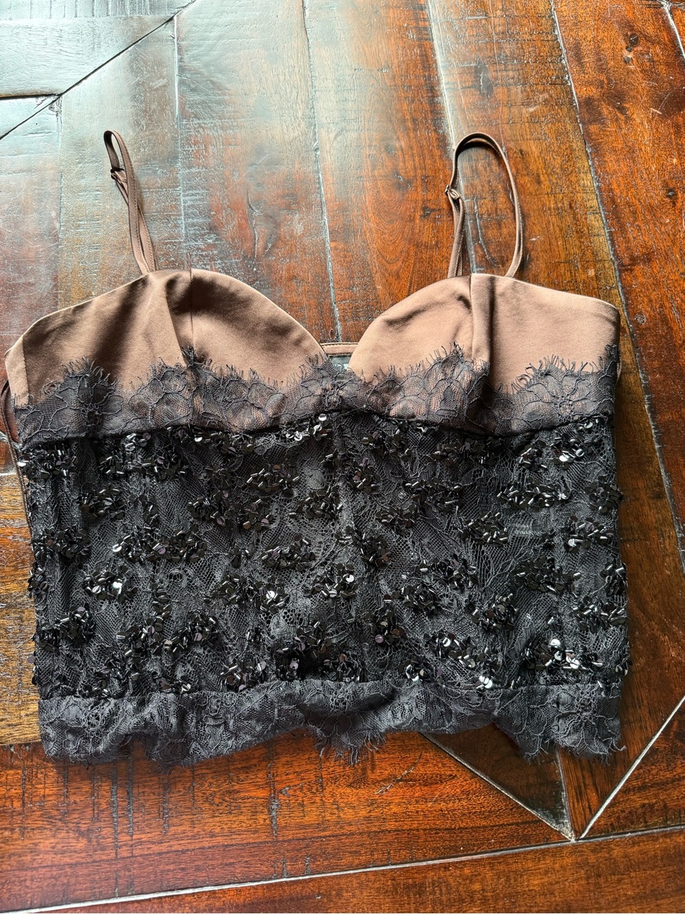 Zara Brown Satin and Black Beaded Lace Crop Top